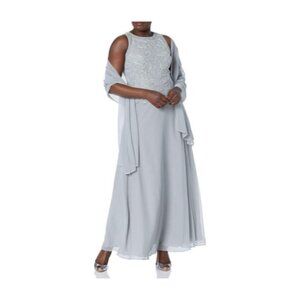 **J Kara** Women's Sleeveless Scallop Long Beaded Dress W/Scarf 14 NWT